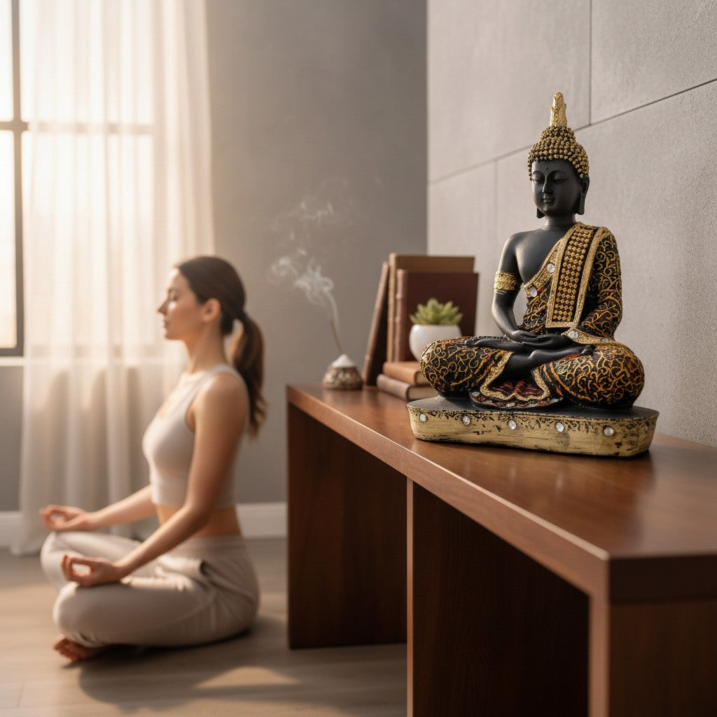 Orange Samadhi Buddha Idol Statue Showpiece in Polyresin