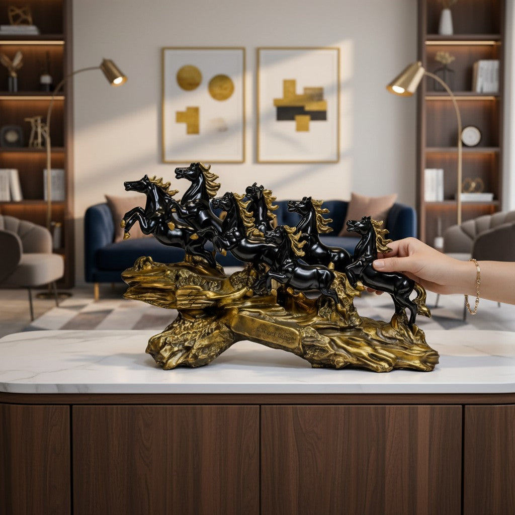 Luxury 7 Running Horses Black Gold Figurine for Home Decor – Premium Resin Horse Showpiece for Living Room, Office Desk, Entrance & Vastu Decorative Sculpture