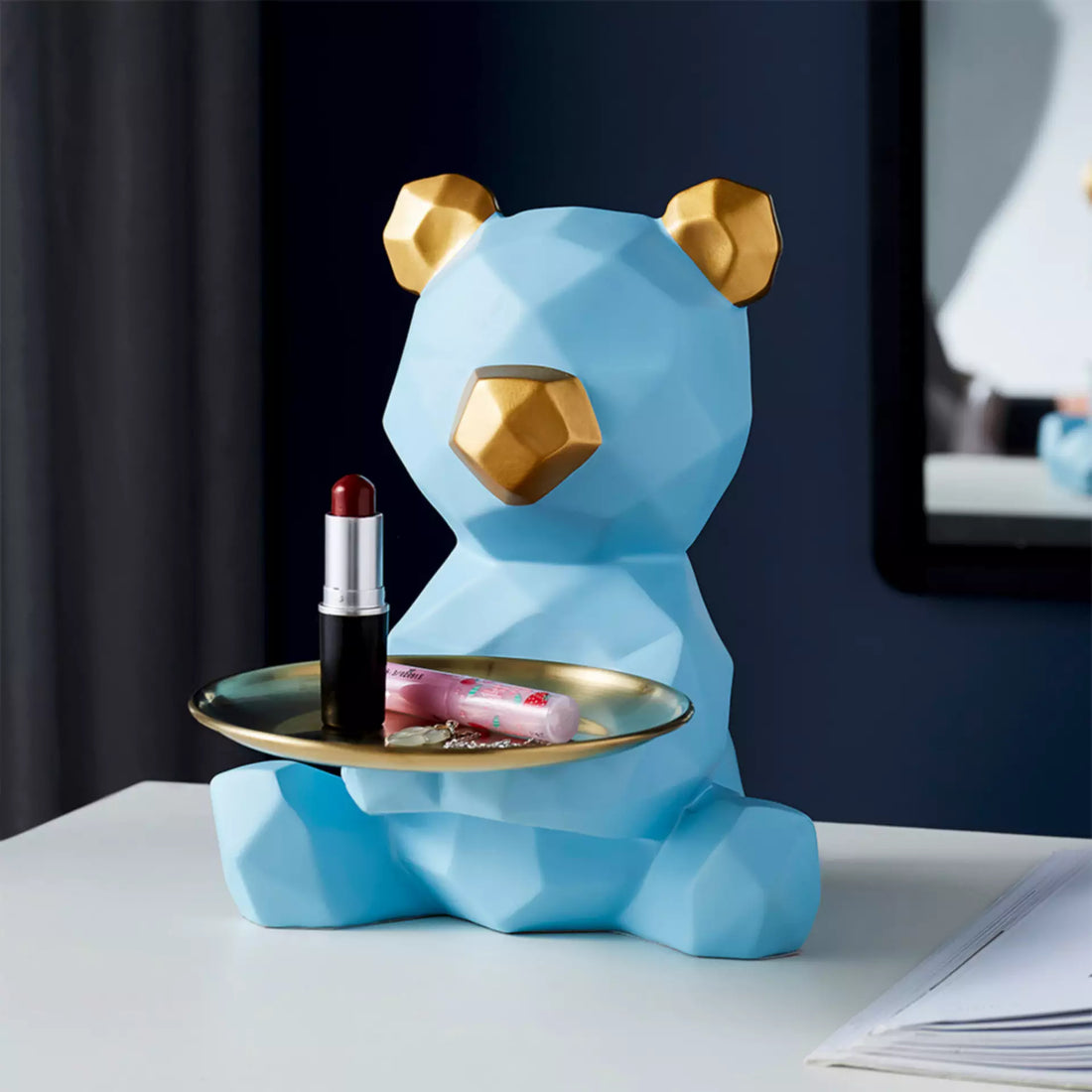 Blue Bliss: Handcrafted Teddy Bear Statue Holding a Plate