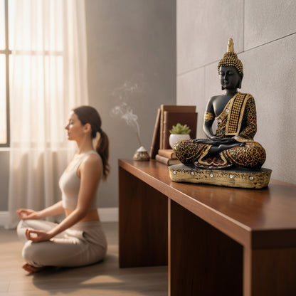 Orange Samadhi Buddha Idol Statue Showpiece in Polyresin