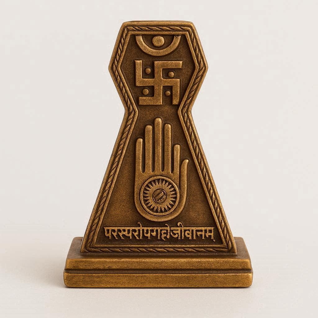“Jain Swastik Ahimsa Hand Idol – Premium Brass Finish Spiritual Home Decor &amp; Puja Murti”