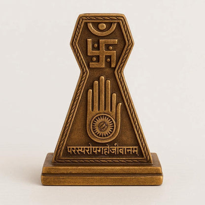 “Jain Swastik Ahimsa Hand Idol – Premium Brass Finish Spiritual Home Decor &amp; Puja Murti”