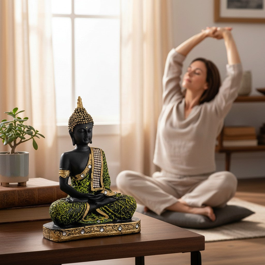Green Samadhi Buddha Idol Statue Showpiece in Polyresin