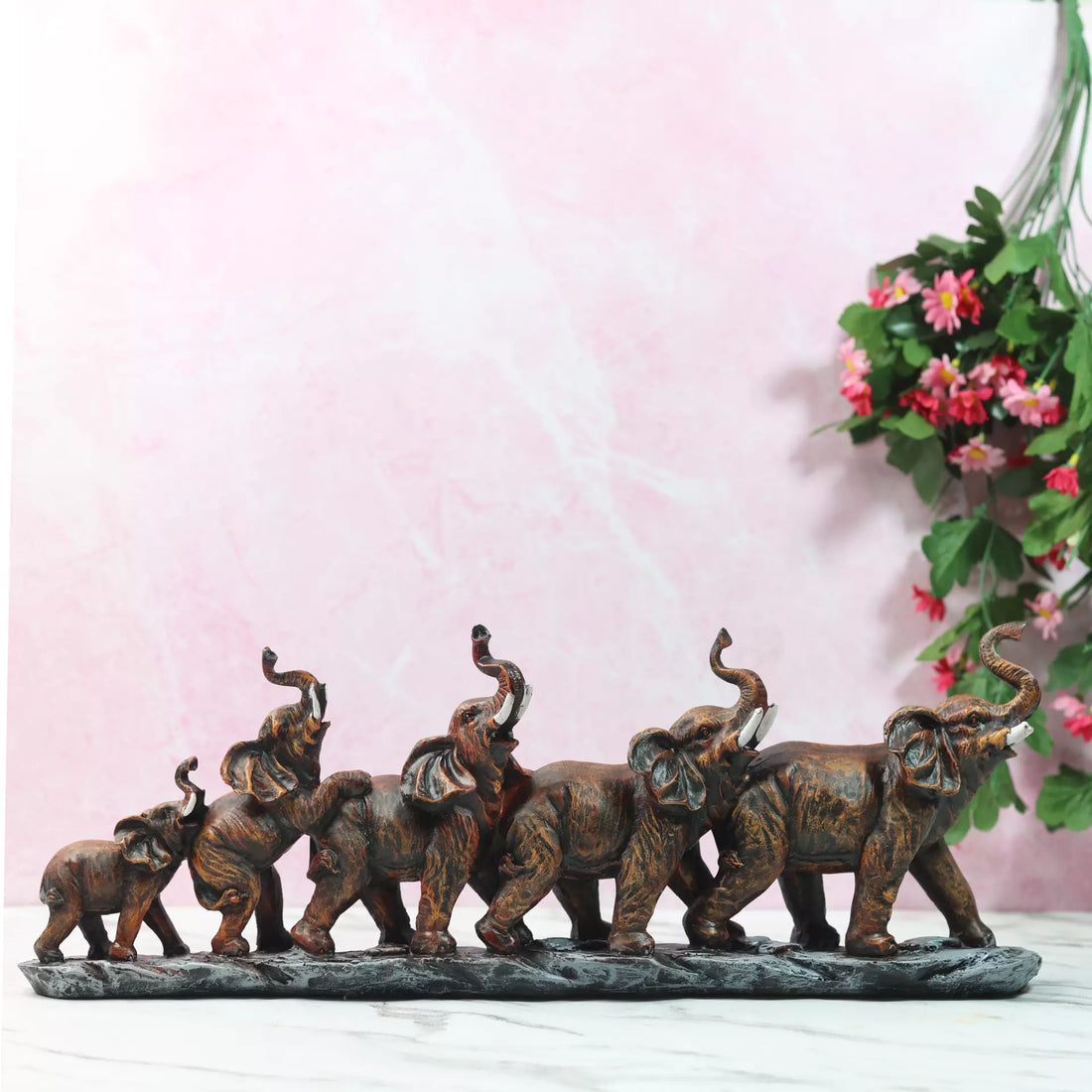 Elegant Five Elephant Statue Polyresin Artwork