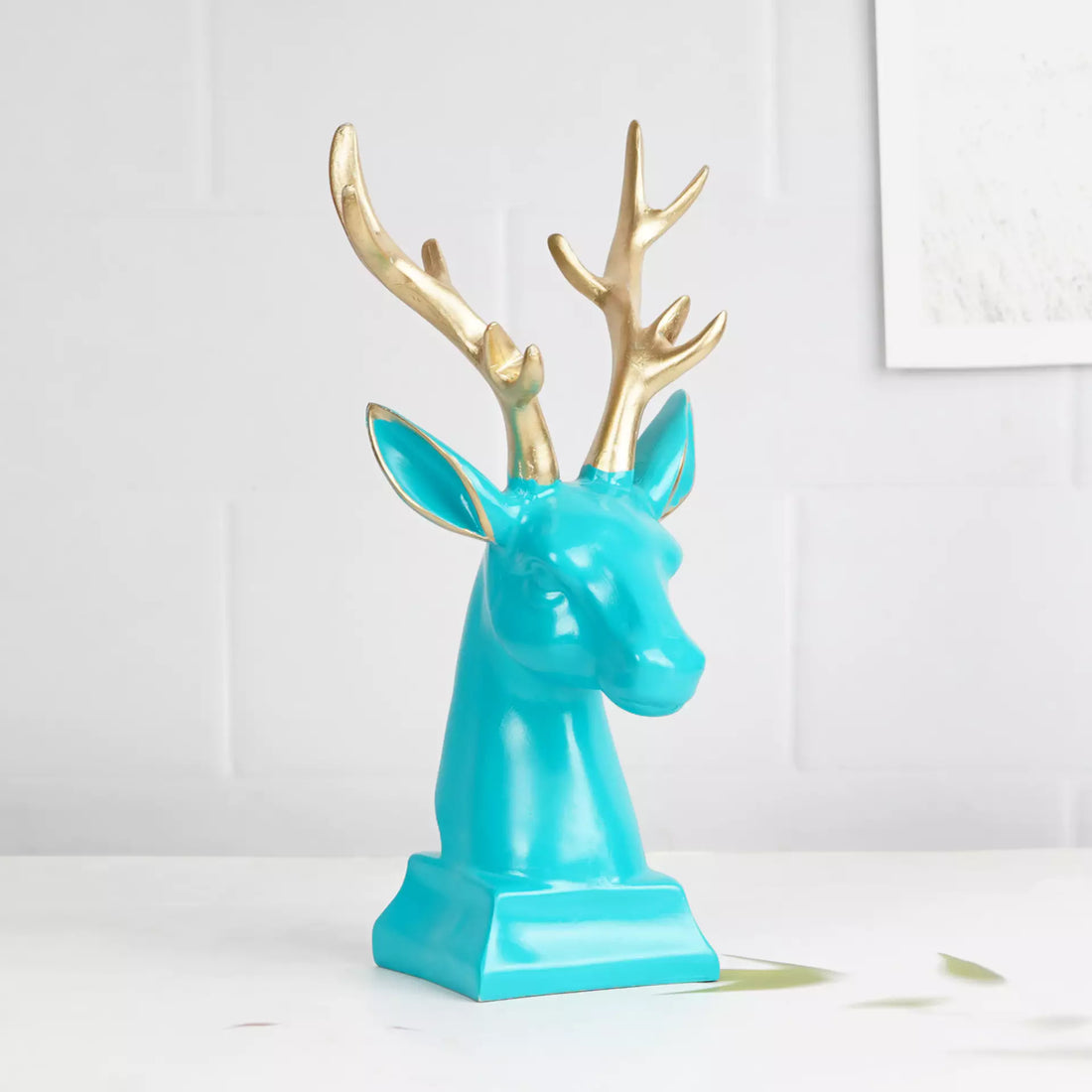 Cyan Deer Head with Golden Antlers Resin Statue