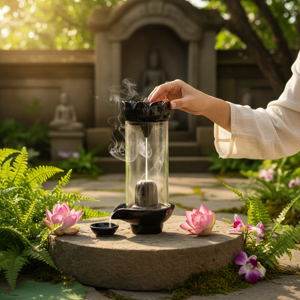 Shiva Lingam Smoke Backflow Waterfall Incense Holder with Smoke Storage Pot