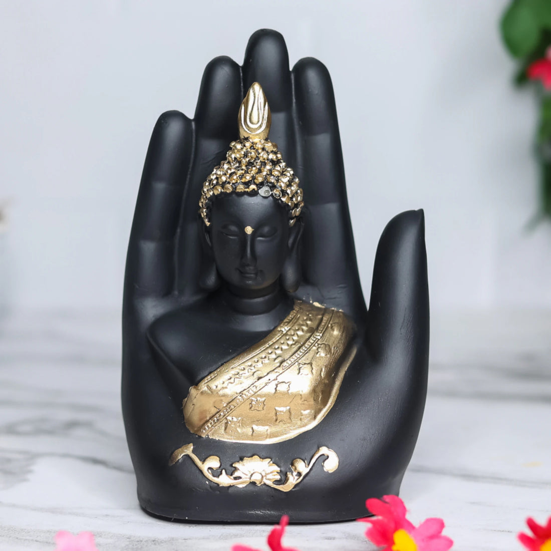 Black Palm Buddha Handmade Polyresin Statue