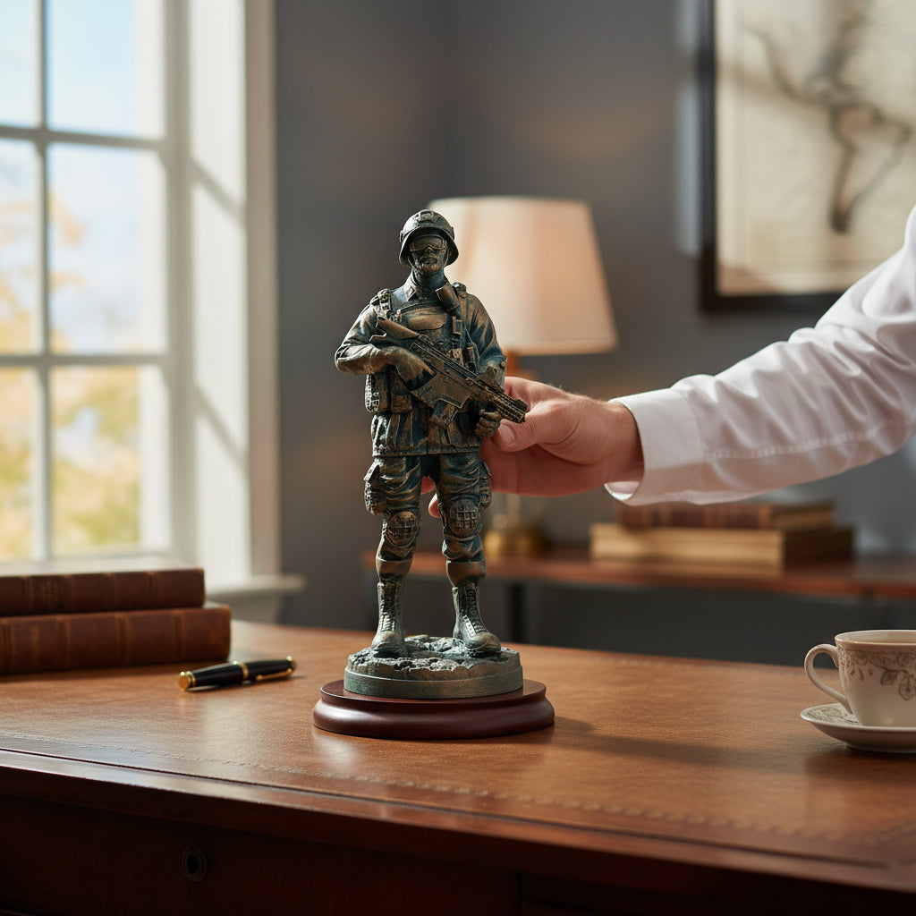 Premium Military Army Soldier Statue with Rifle – Detailed Resin Warrior Showpiece for Home &amp; Office Decor