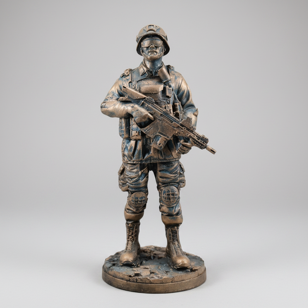 Bronze statue of a soldier holding a rifle on a wooden surface with a blurred indoor background