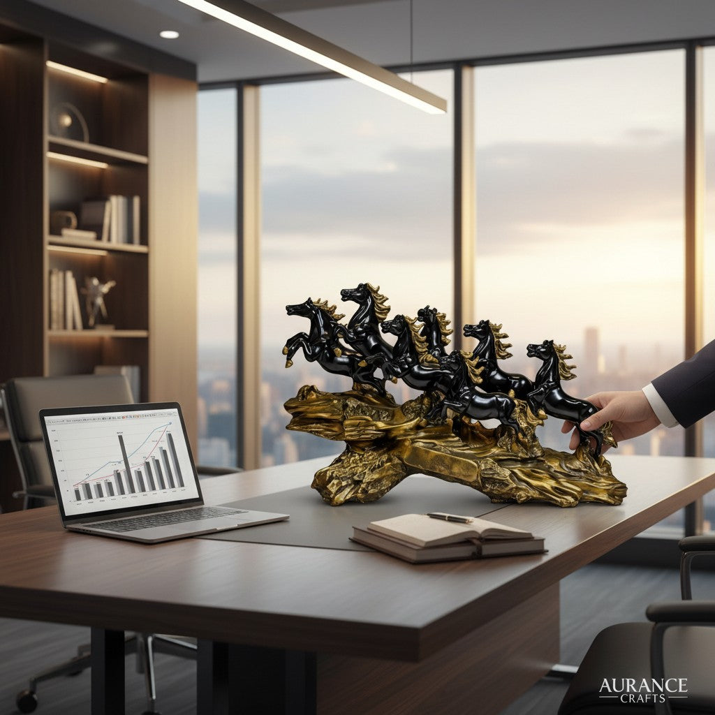 Luxury 7 Running Horses Black Gold Figurine for Home Decor – Premium Resin Horse Showpiece for Living Room, Office Desk, Entrance &amp; Vastu Decorative Sculpture