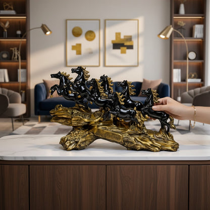 Luxury 7 Running Horses Black Gold Figurine for Home Decor – Premium Resin Horse Showpiece for Living Room, Office Desk, Entrance &amp; Vastu Decorative Sculpture