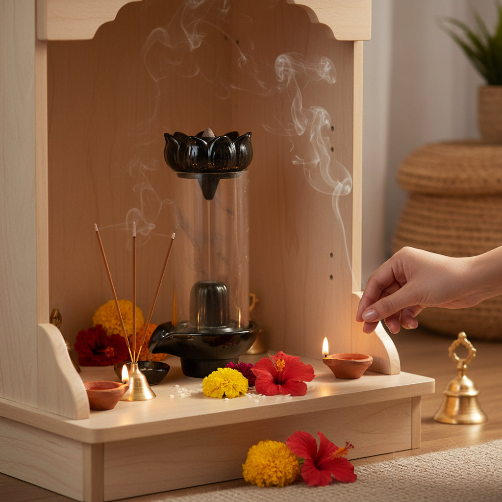 Shiva Lingam Smoke Backflow Waterfall Incense Holder with Smoke Storage Pot