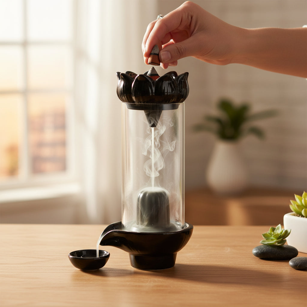 Shiva Lingam Smoke Backflow Waterfall Incense Holder with Smoke Storage Pot