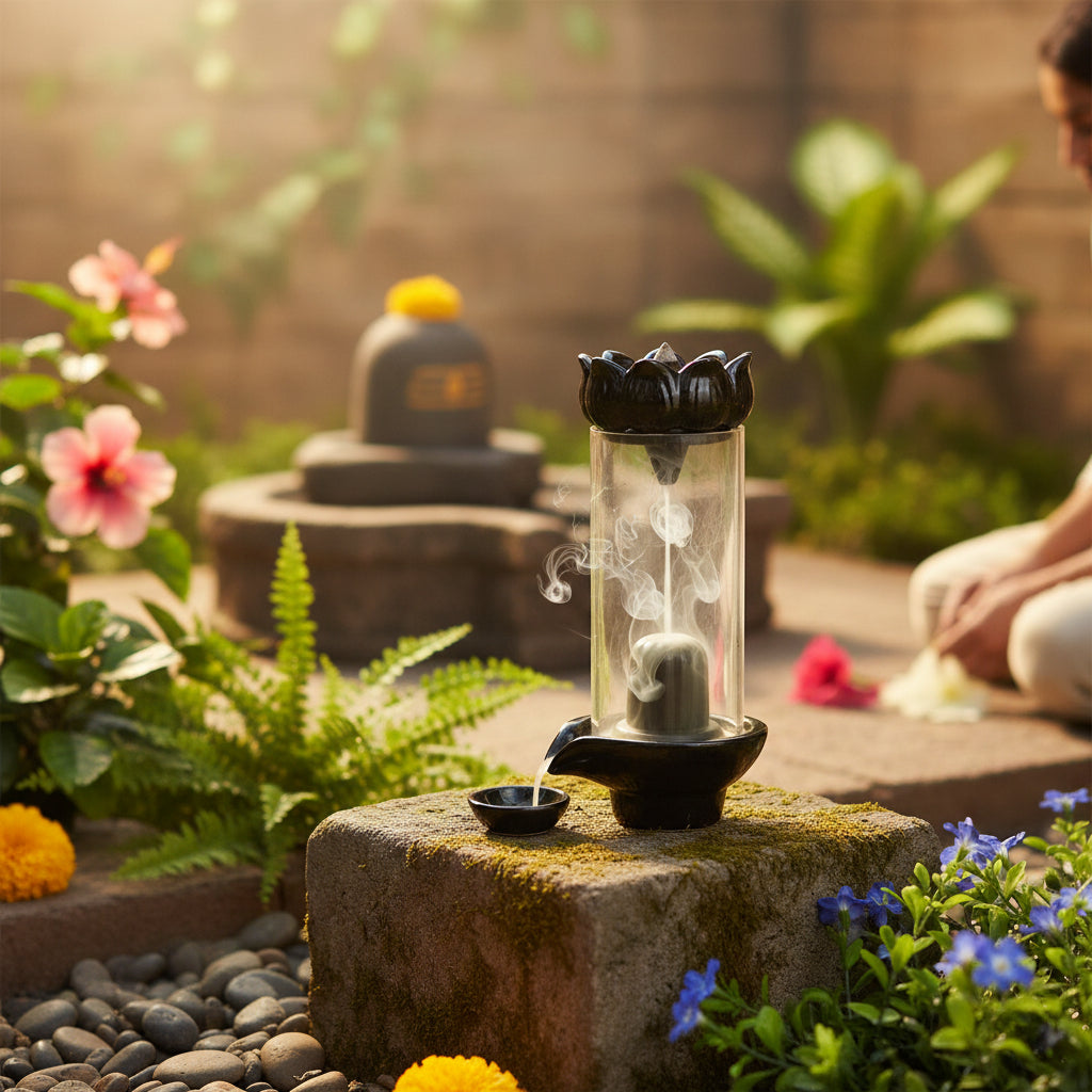Shiva Lingam Smoke Backflow Waterfall Incense Holder with Smoke Storage Pot