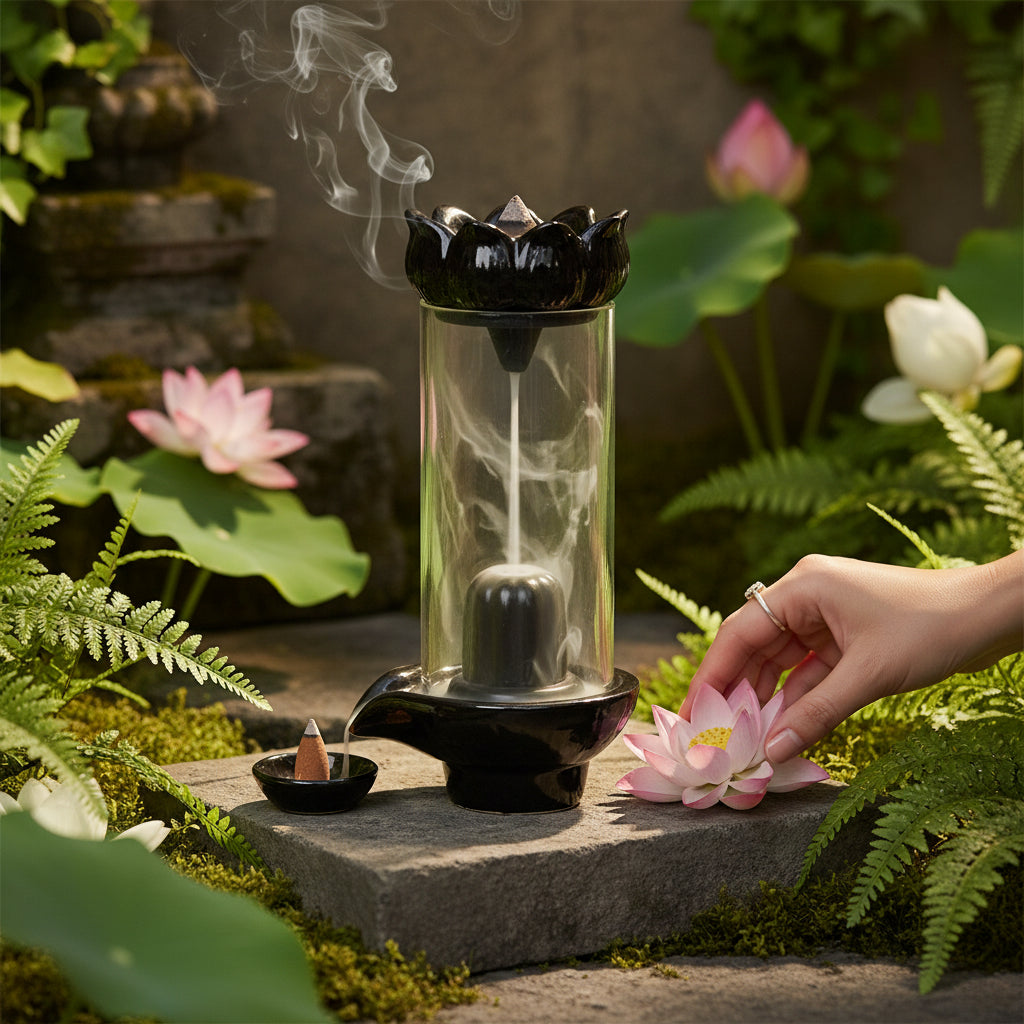 Shiva Lingam Smoke Backflow Waterfall Incense Holder with Smoke Storage Pot
