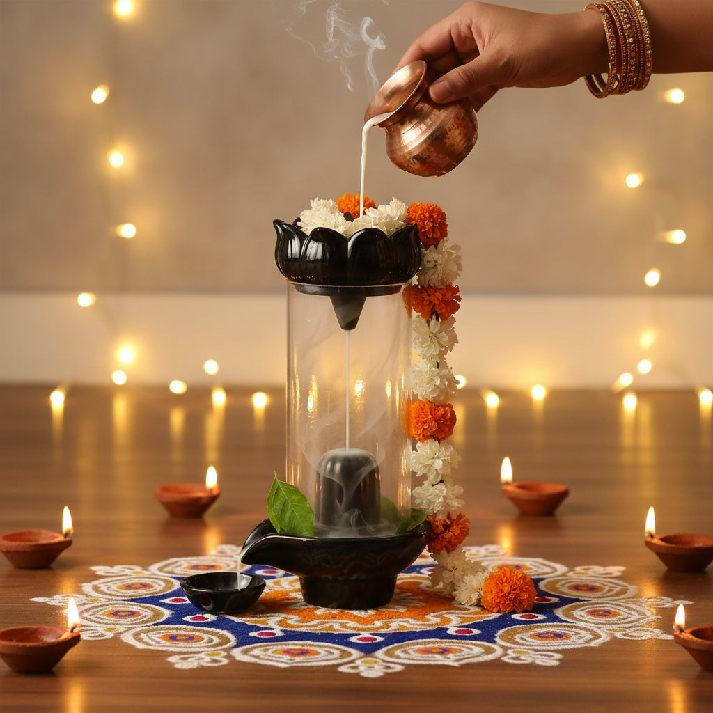Shiva Lingam Smoke Backflow Waterfall Incense Holder with Smoke Storage Pot