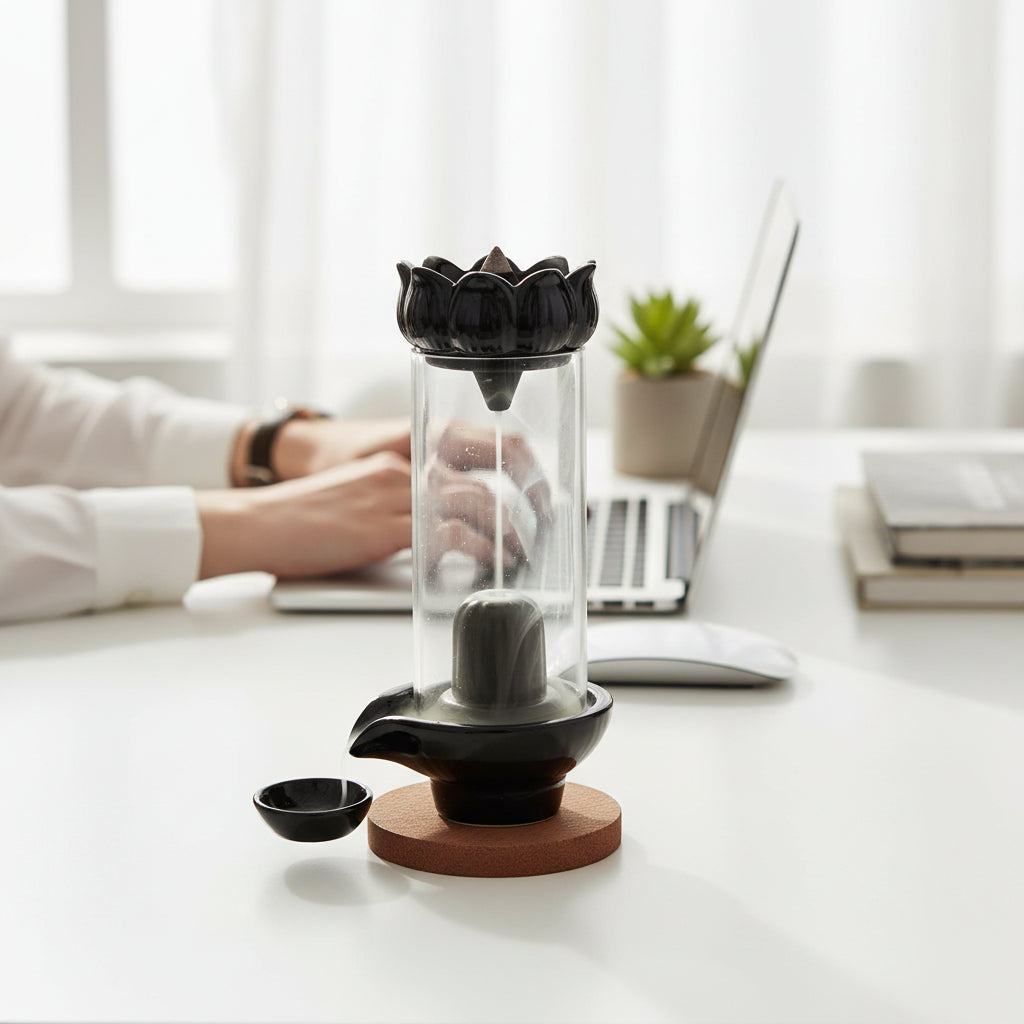 Shiva Lingam Smoke Backflow Waterfall Incense Holder with Smoke Storage Pot