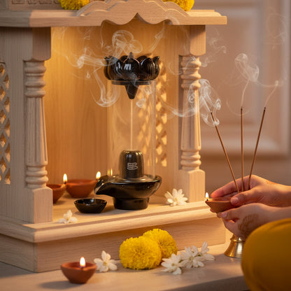 Shiva Lingam Smoke Backflow Waterfall Incense Holder with Smoke Storage Pot