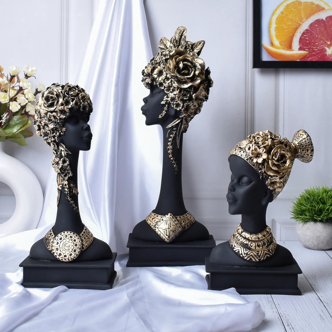 Elegant Set of 3 Nigeria/African Lady Statue Showpieces
