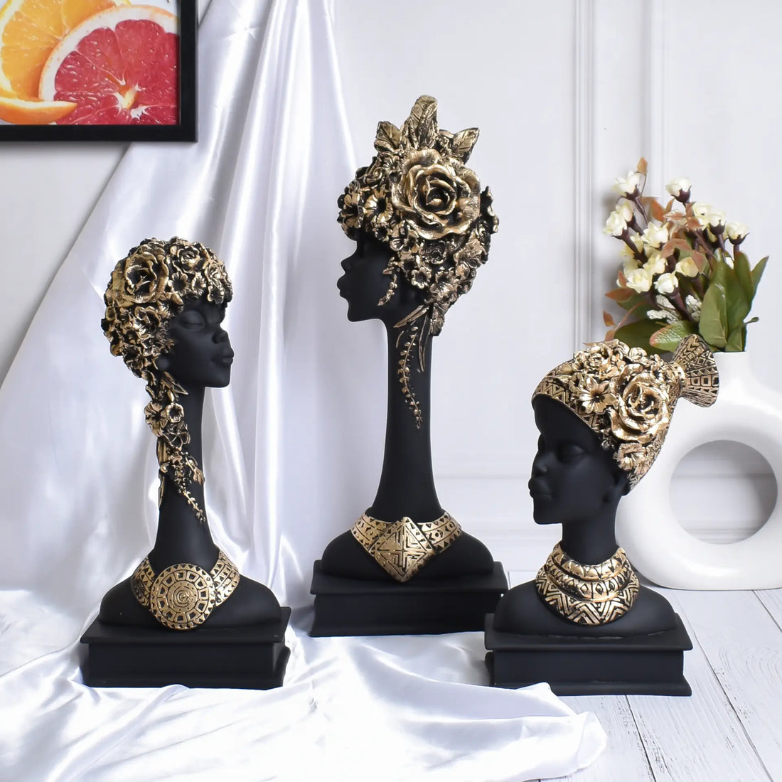 Elegant Set of 3 Nigeria/African Lady Statue Showpieces