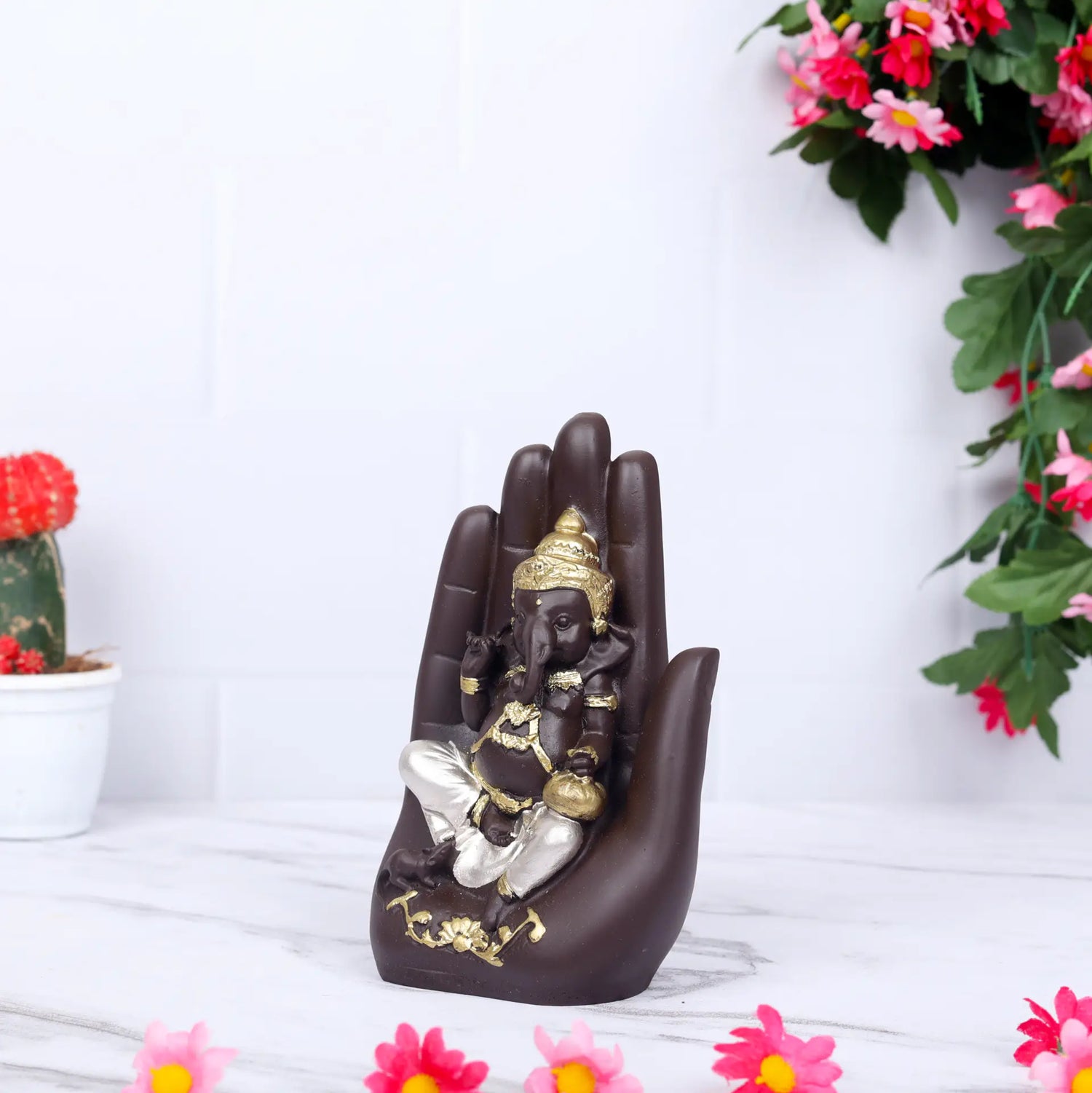 Golden Handcrafted Blessing Palm Ganesha Decorative Showpiece