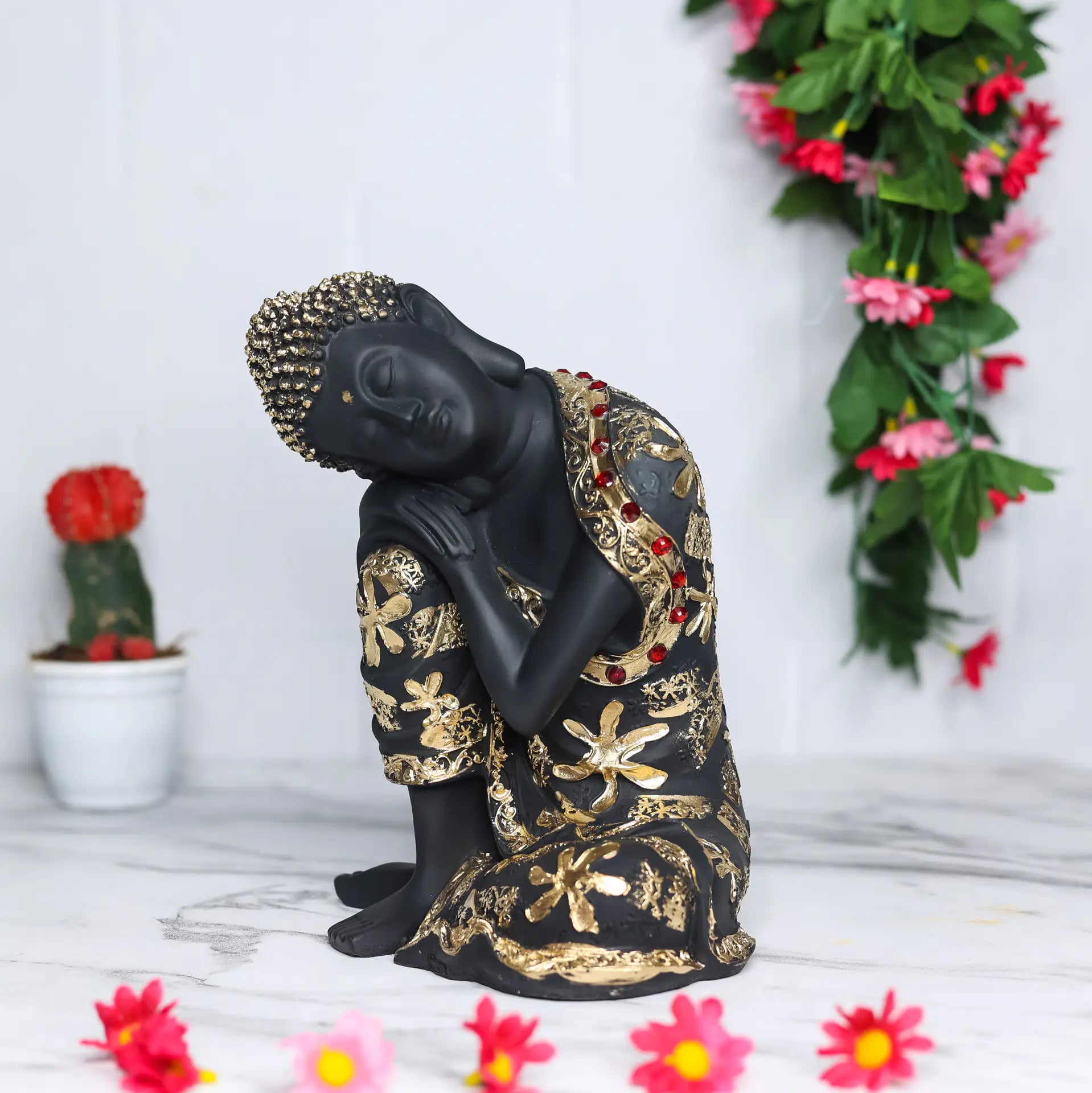 Pleasing Resting Buddha on Knee Polyresin Decorative Showpiece