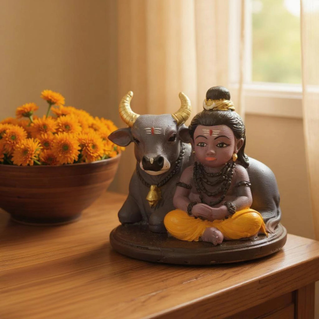 Baby Shiva with Nandi Statue | Resin Marble Powder God Idol for Home Temple & Decor