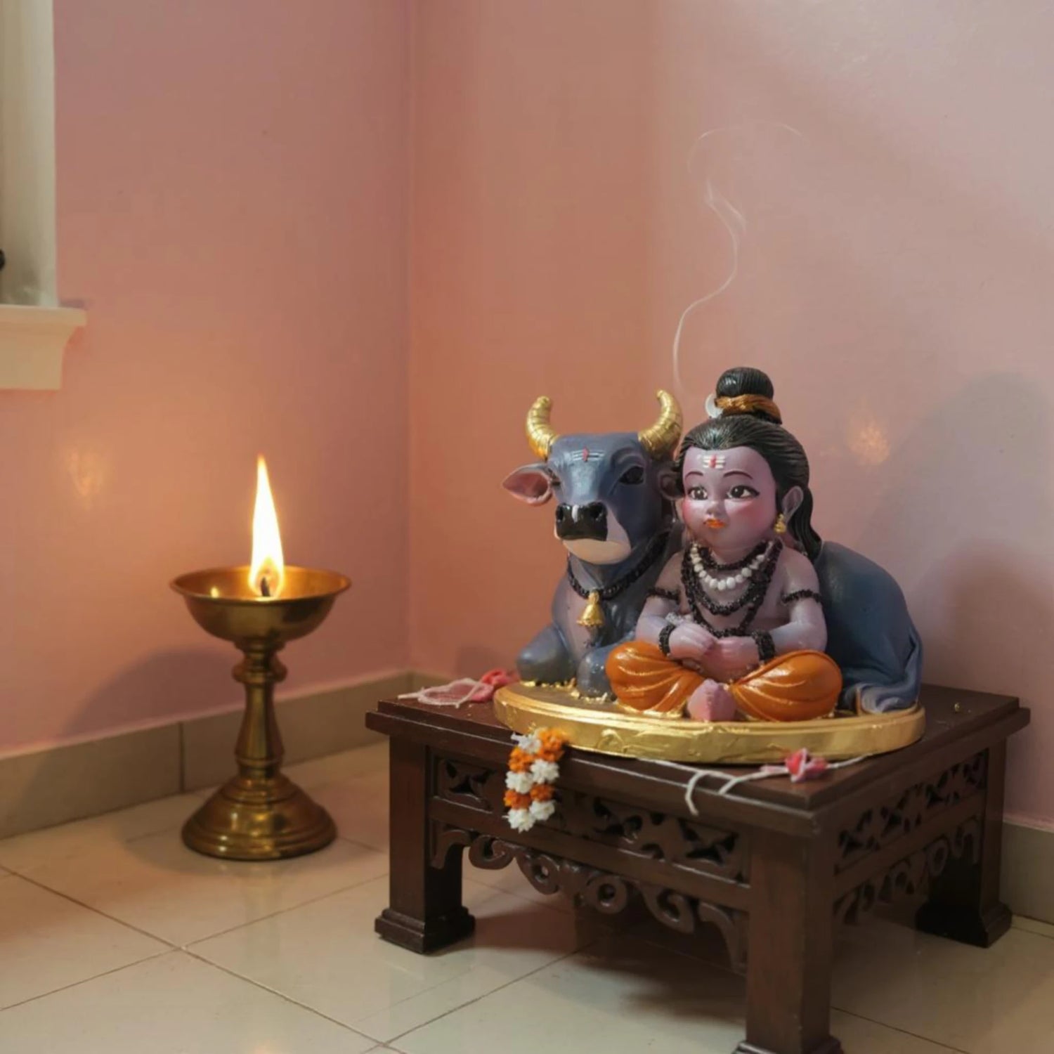 Baby Shiva with Nandi Statue | Resin Marble Powder God Idol for Home Temple &amp; Decor