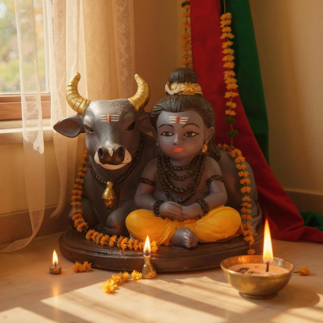 Baby Shiva with Nandi Statue | Resin Marble Powder God Idol for Home Temple &amp; Decor