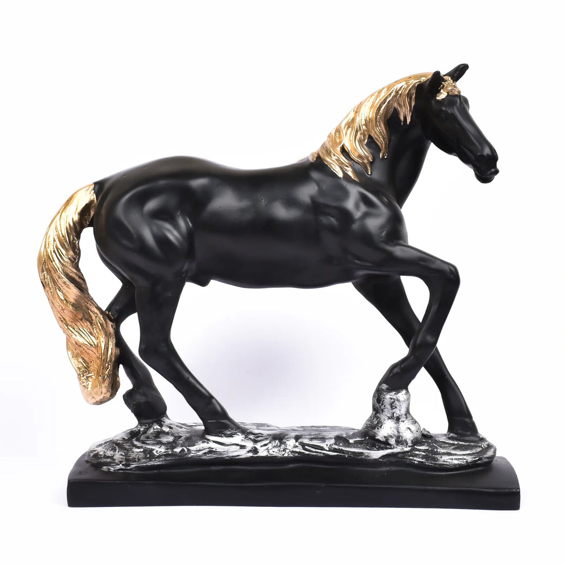 A Statue of a black running horse