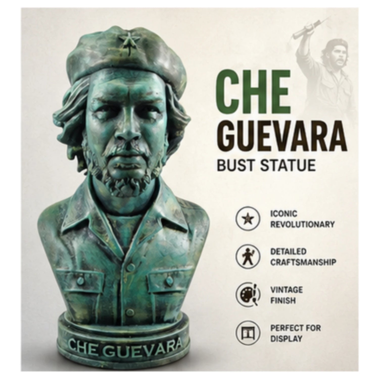 Che Guevara Bust Statue – Vintage Green Historical Collectible | Aurance Crafts