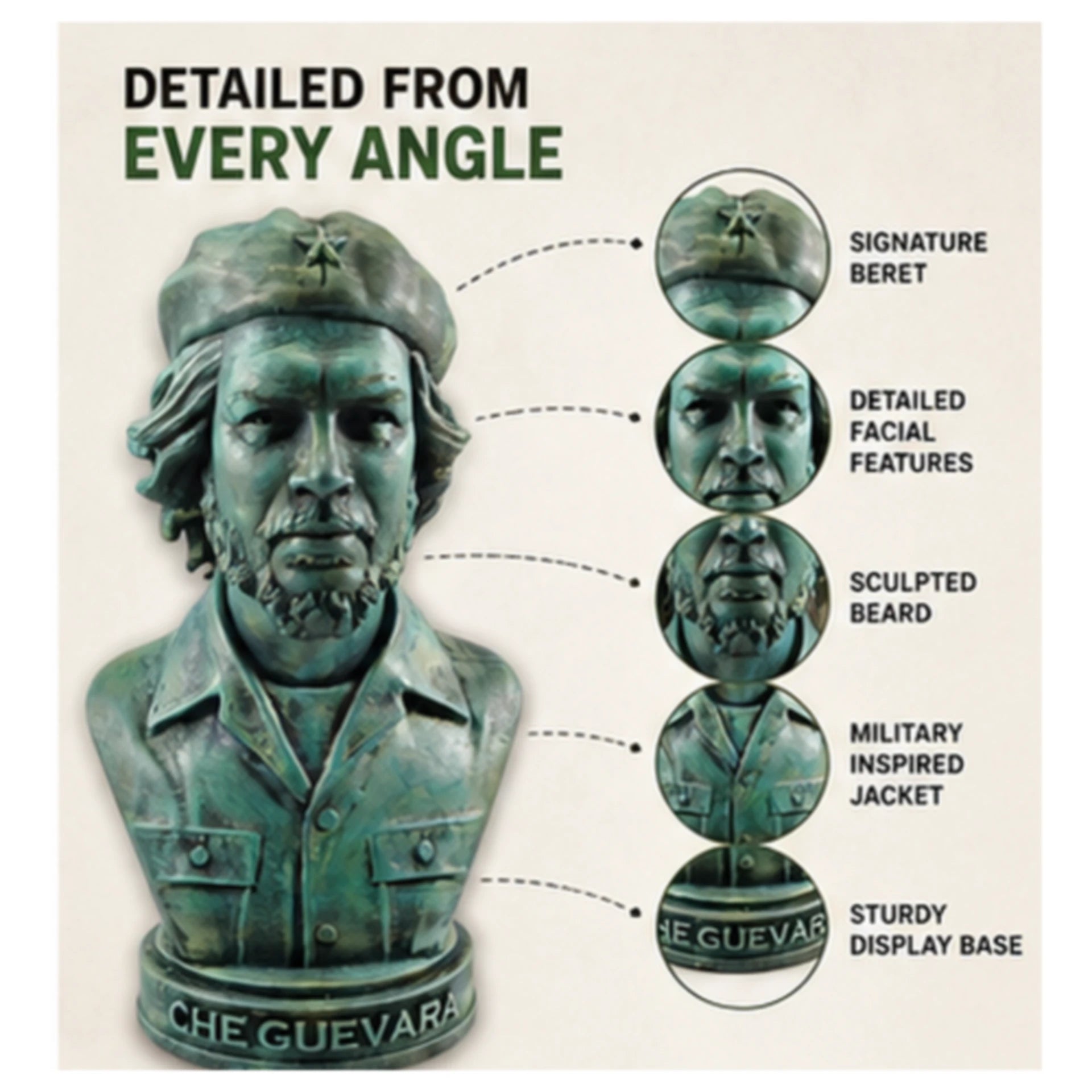 Che Guevara Bust Statue – Vintage Green Historical Collectible | Aurance Crafts