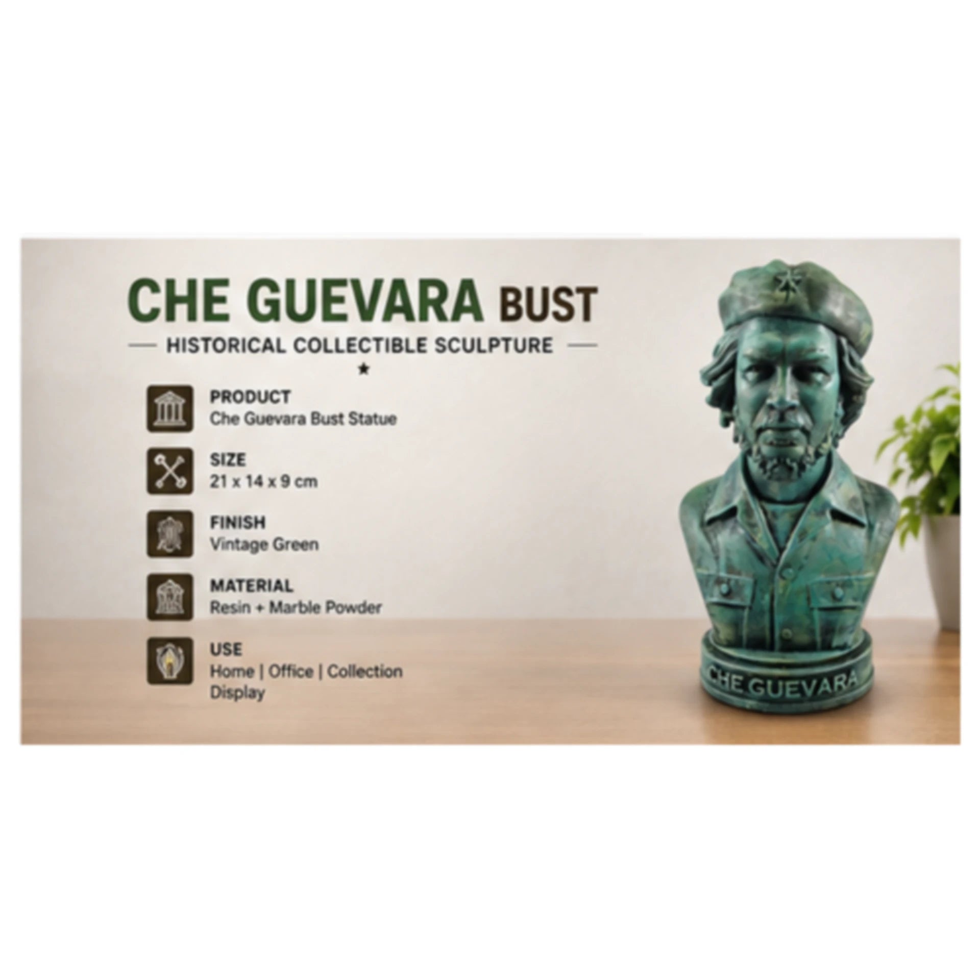Che Guevara Bust Statue – Vintage Green Historical Collectible | Aurance Crafts