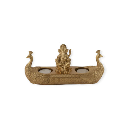 Golden Peacock Boat Tea Light Holder with Lord Ganesha Idol – Decorative Candle Holder for Home, Temple &amp; Festive Décor