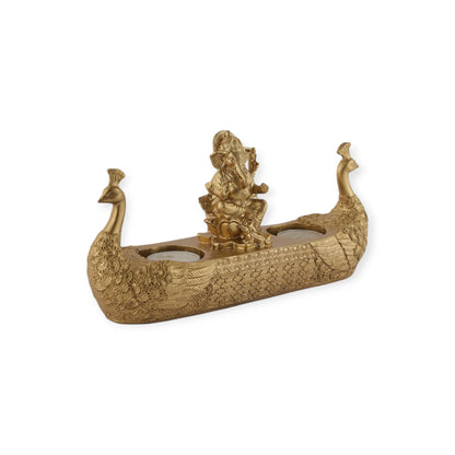 Golden Peacock Boat Tea Light Holder with Lord Ganesha Idol – Decorative Candle Holder for Home, Temple &amp; Festive Décor