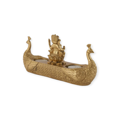 Golden Peacock Boat Tea Light Holder with Lord Ganesha Idol – Decorative Candle Holder for Home, Temple &amp; Festive Décor