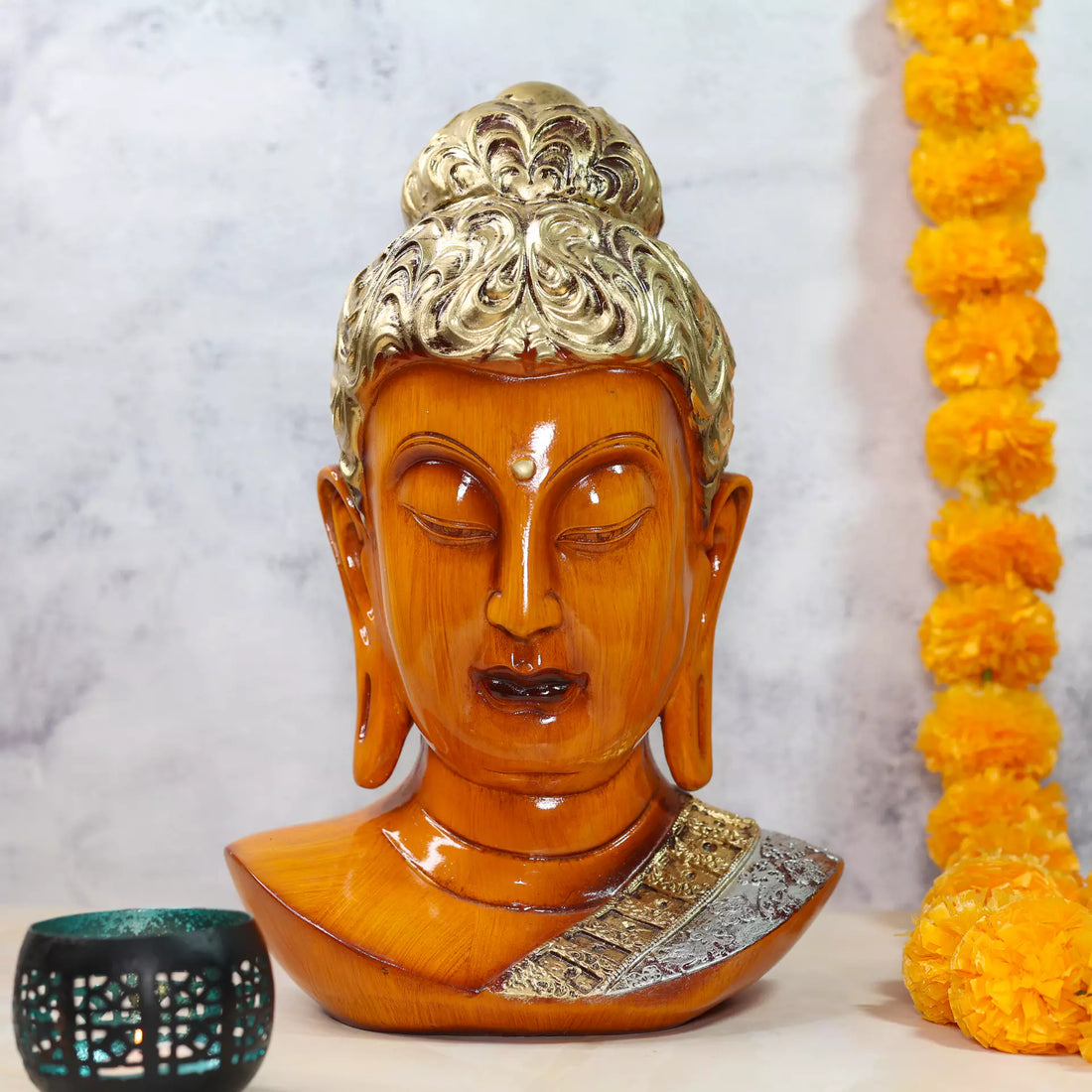 Orange Big Buddha Face Resin Sculpture