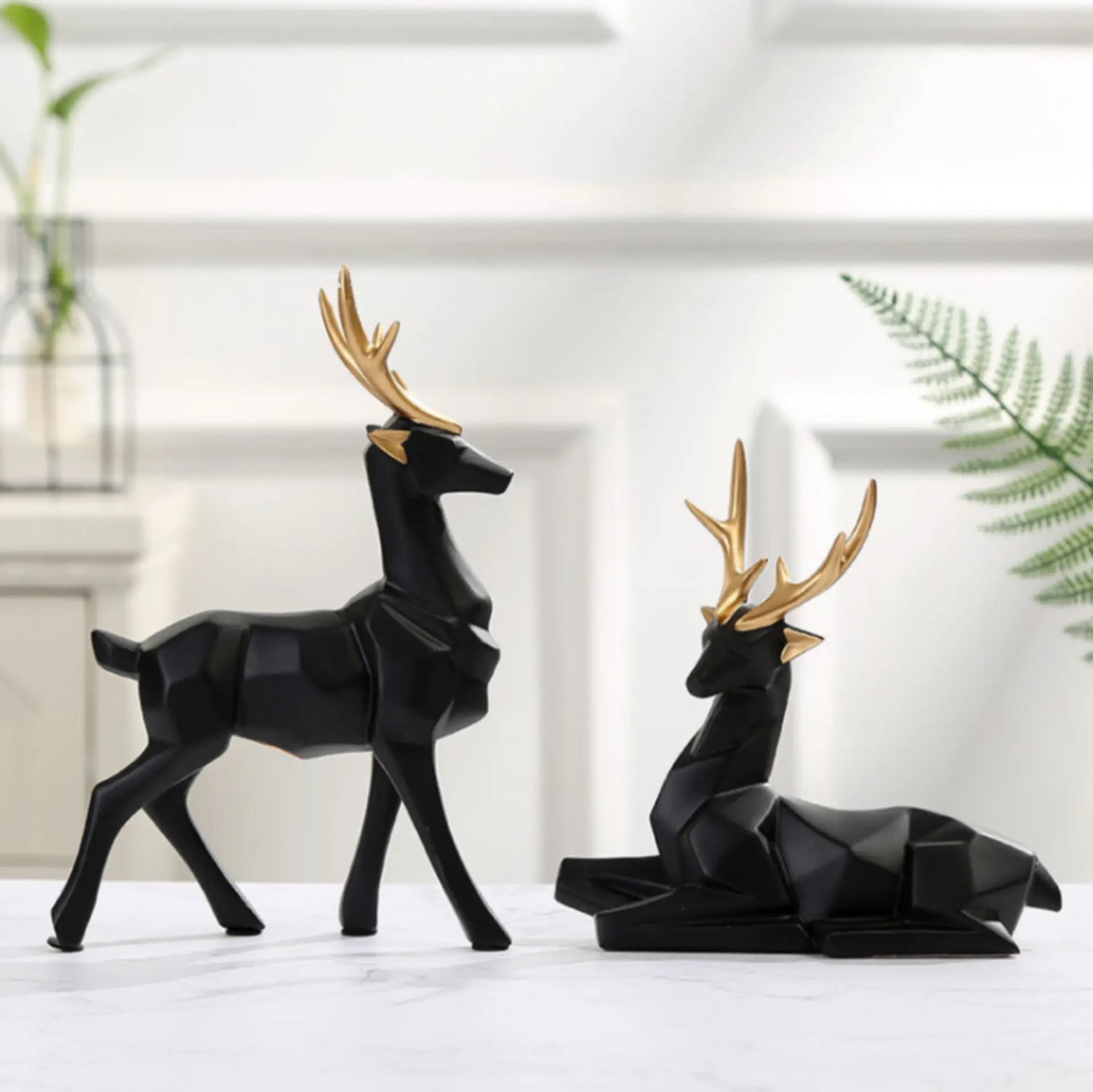 Deer Set - White and Black Pair Resin Staue