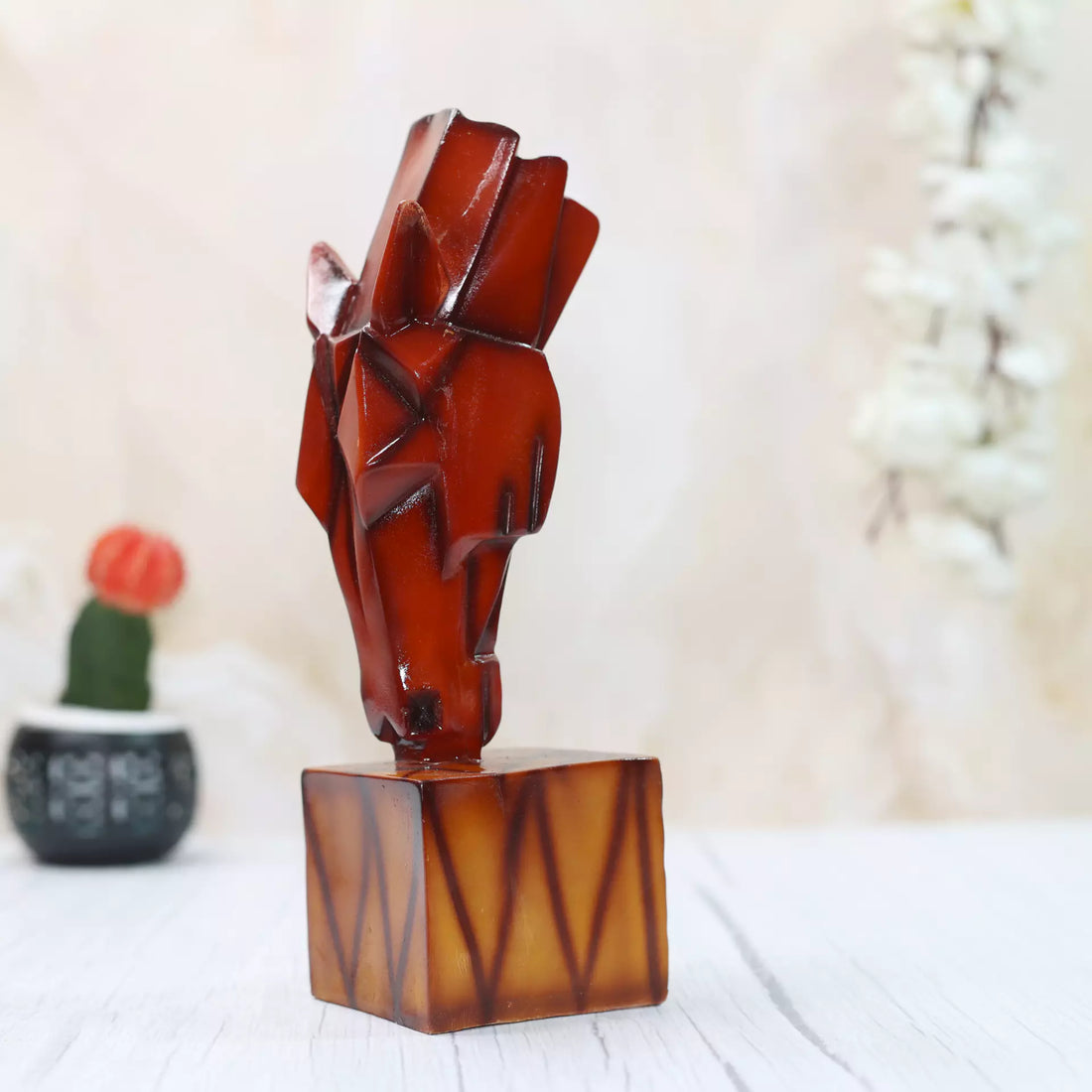 Elegant Handcrafted Polyresin Red Drinking Horse Sculpture