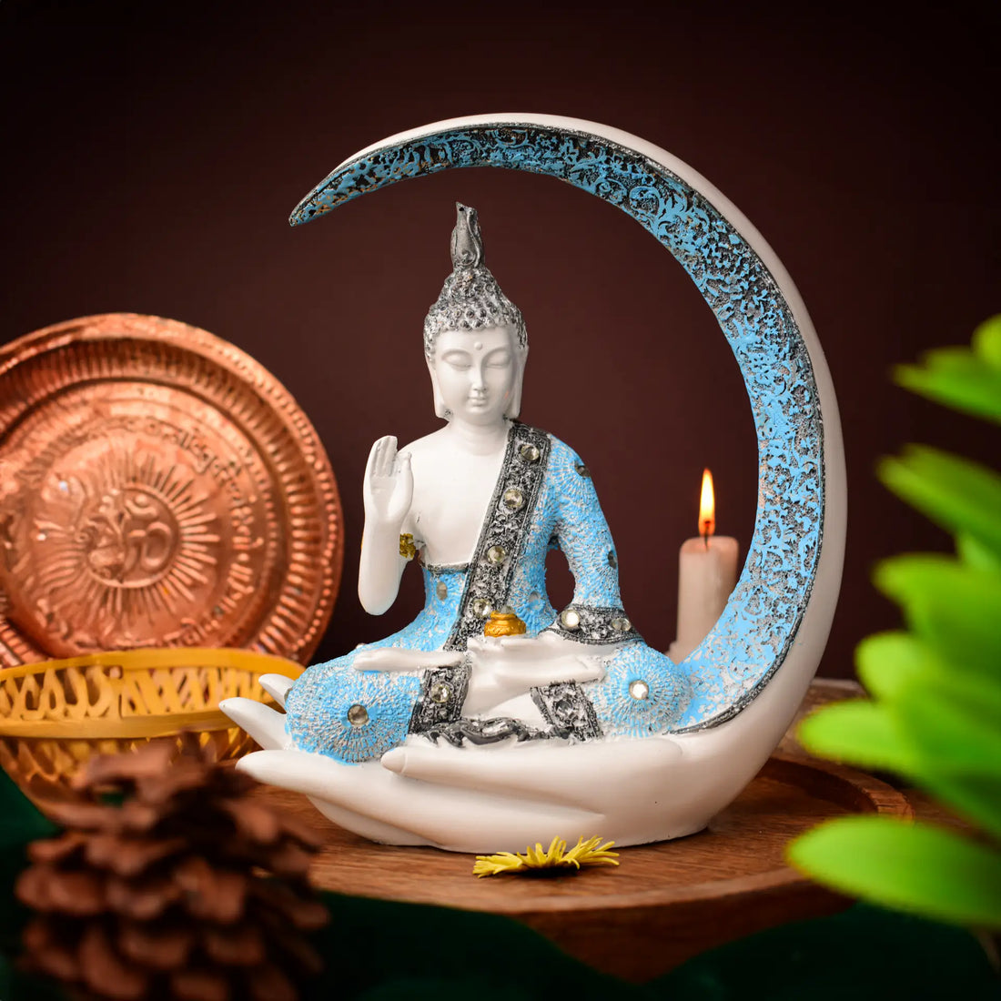 White and Blue Resin Handcrafted Buddha Chand Samadhi Statue