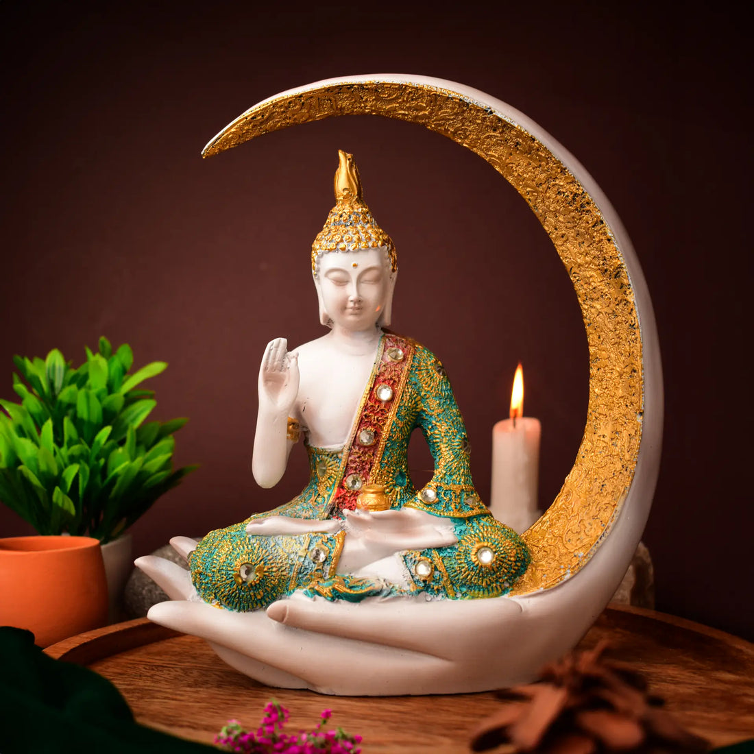 Chand Samadhi Elegance: White &amp; Green Handcrafted Resin Buddha Statue