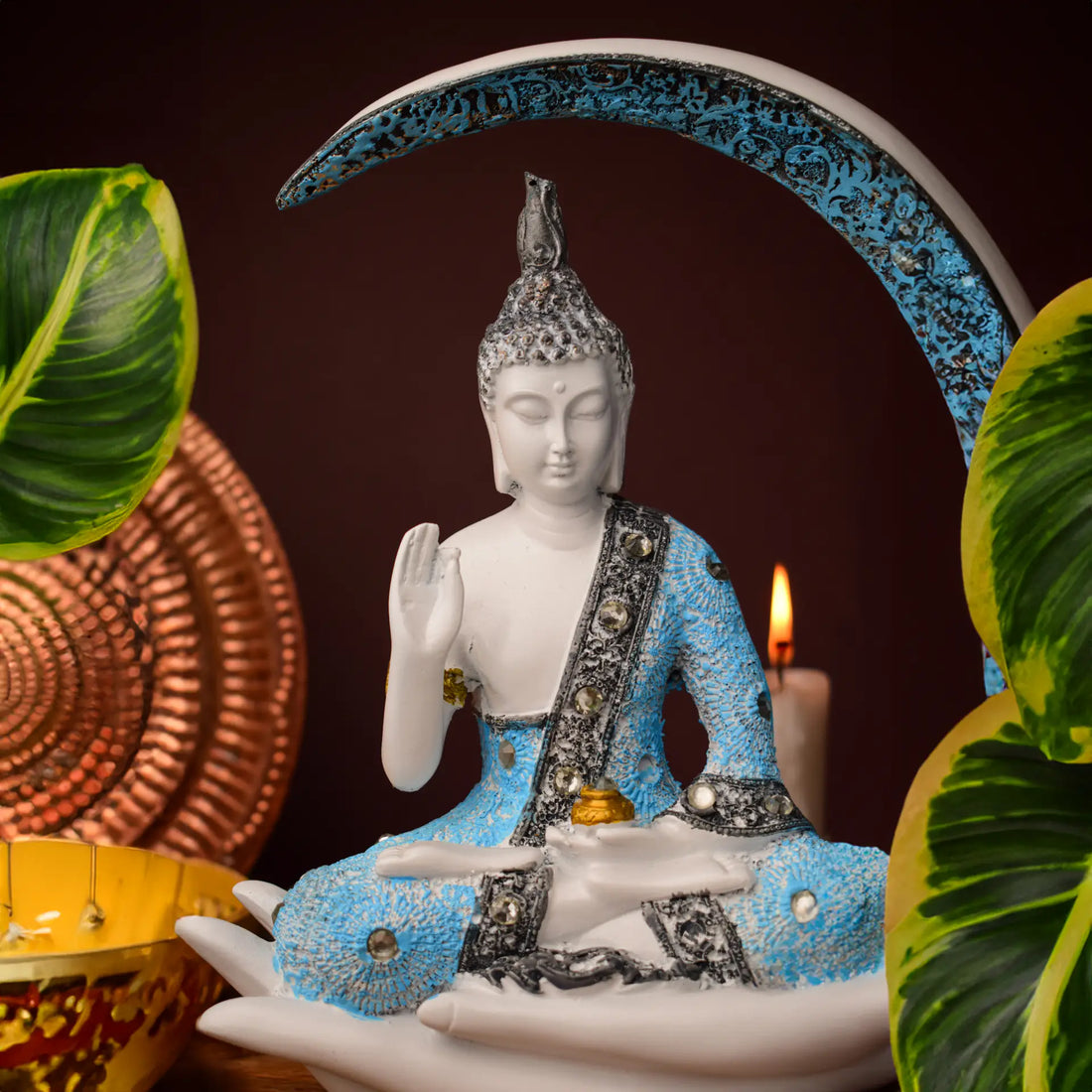 White and Blue Resin Handcrafted Buddha Chand Samadhi Statue