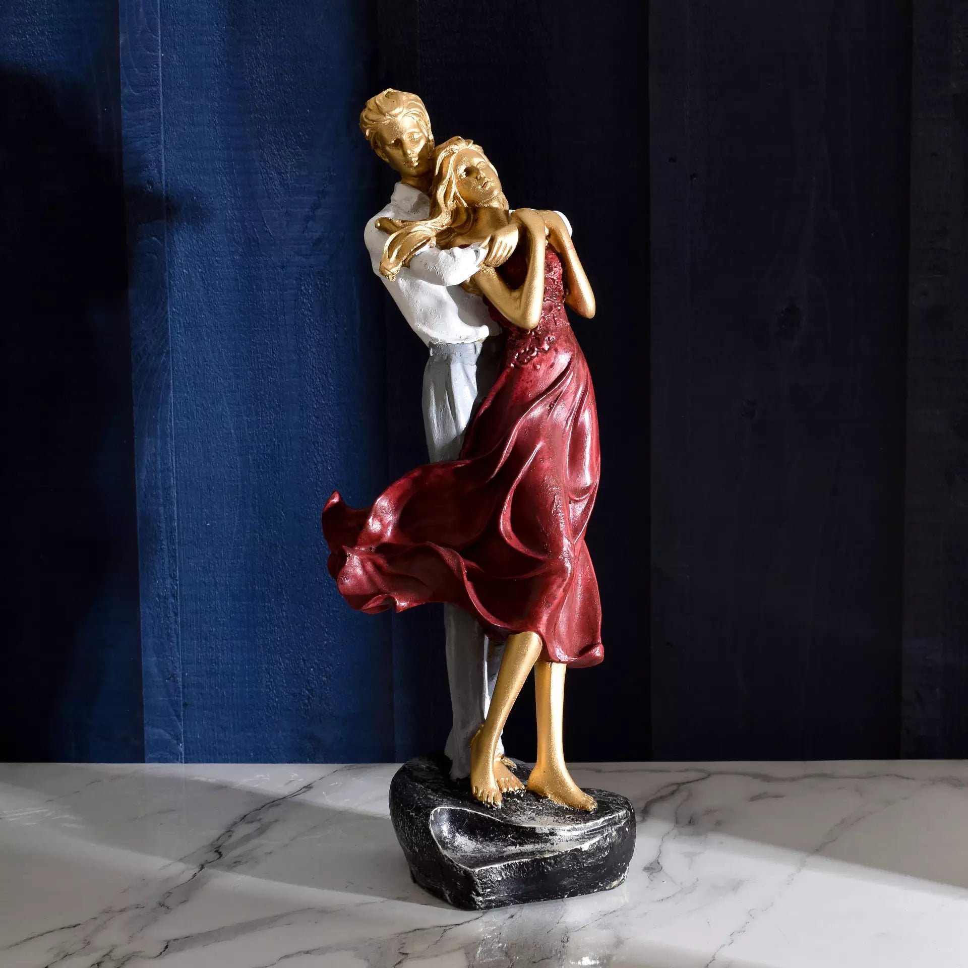 Couple Statue with Girl in Red Frock Resin Sculpture