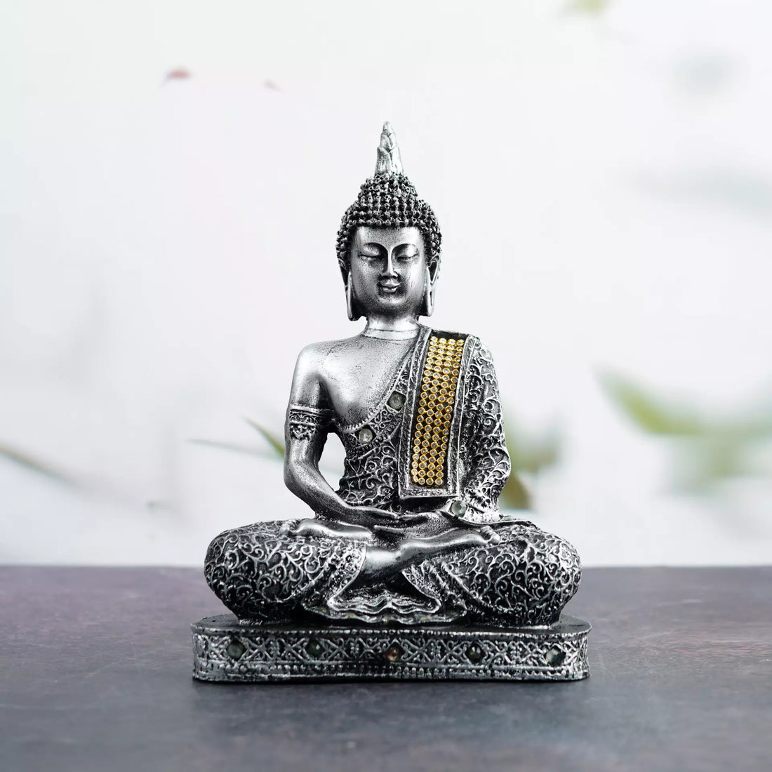 Silver Meditating Buddha Resin Sculpture