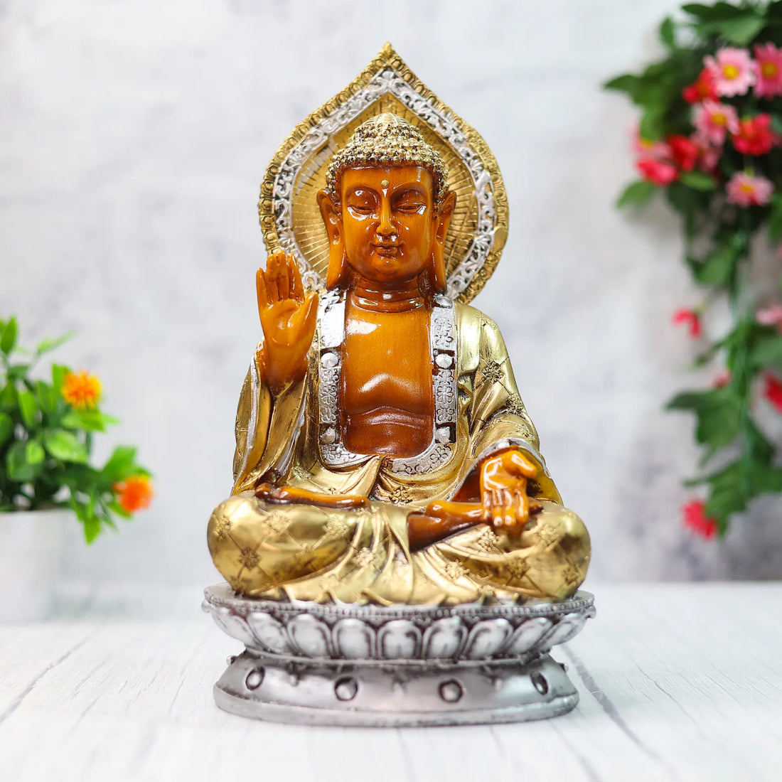 Orange Blessing Buddha Samadhi Resin Handcrafted Statue