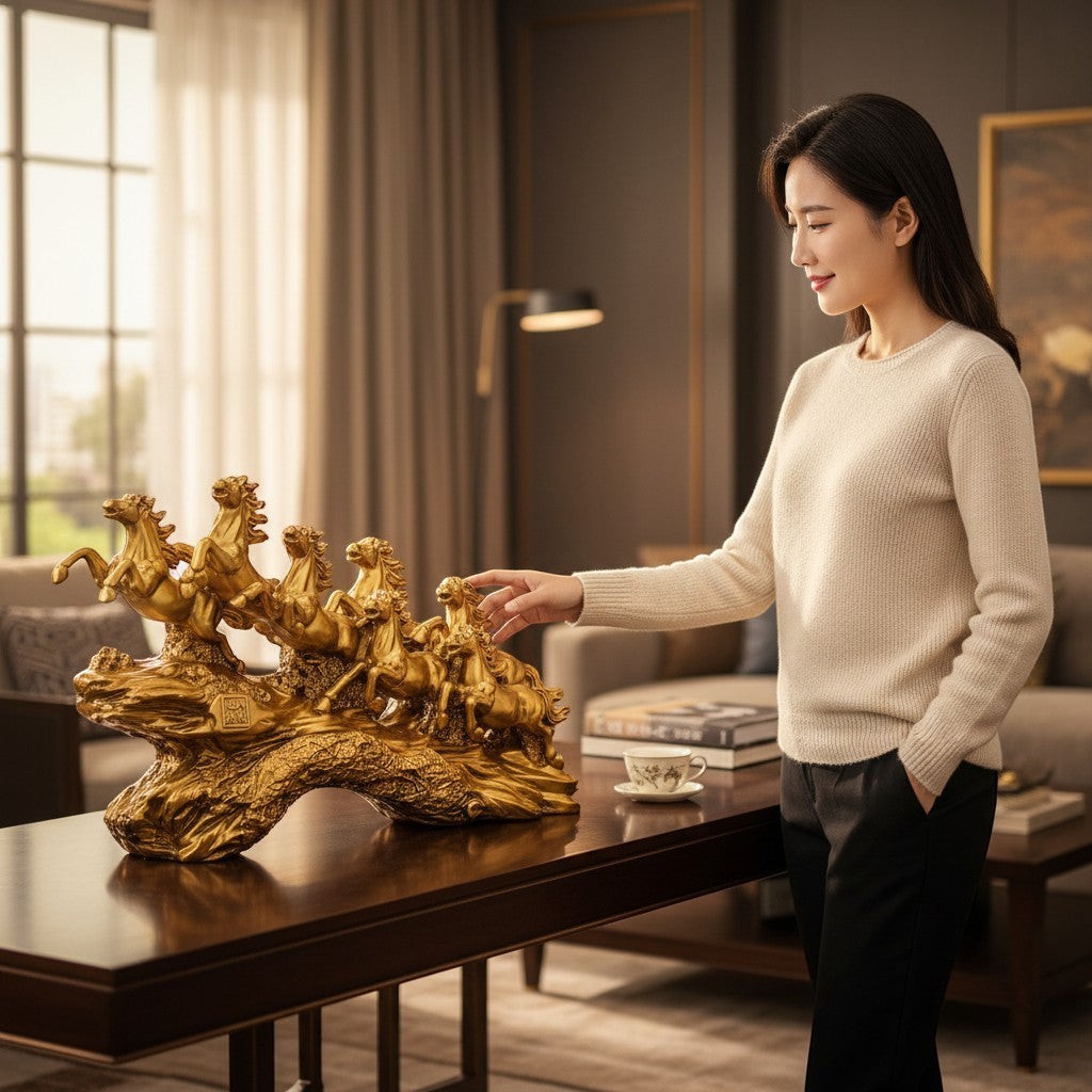 Aurance golden 7 running horses resin statue on a table, with a woman touching the sculpture in a modern living room.