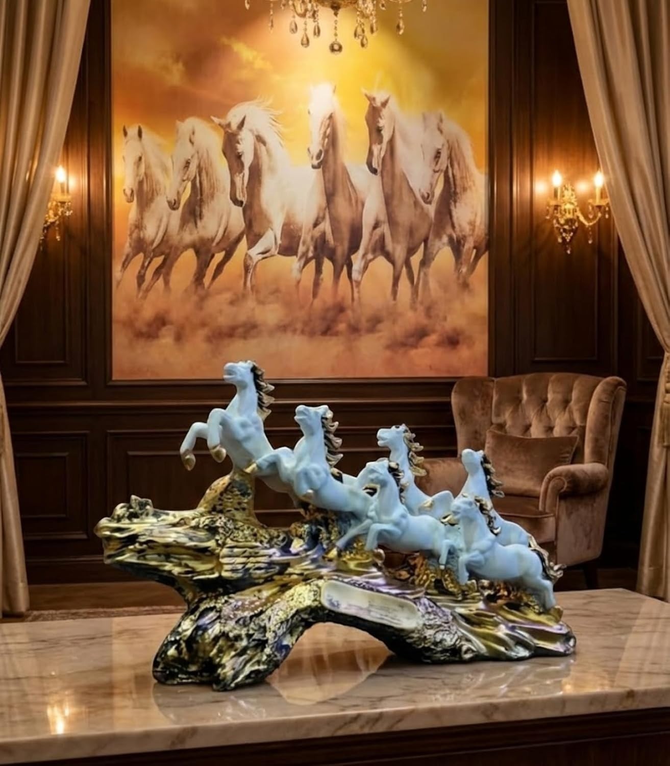 Aurance white and gold resin 7 running horses statue on a marble table, perfect for luxury home decor and Vastu.