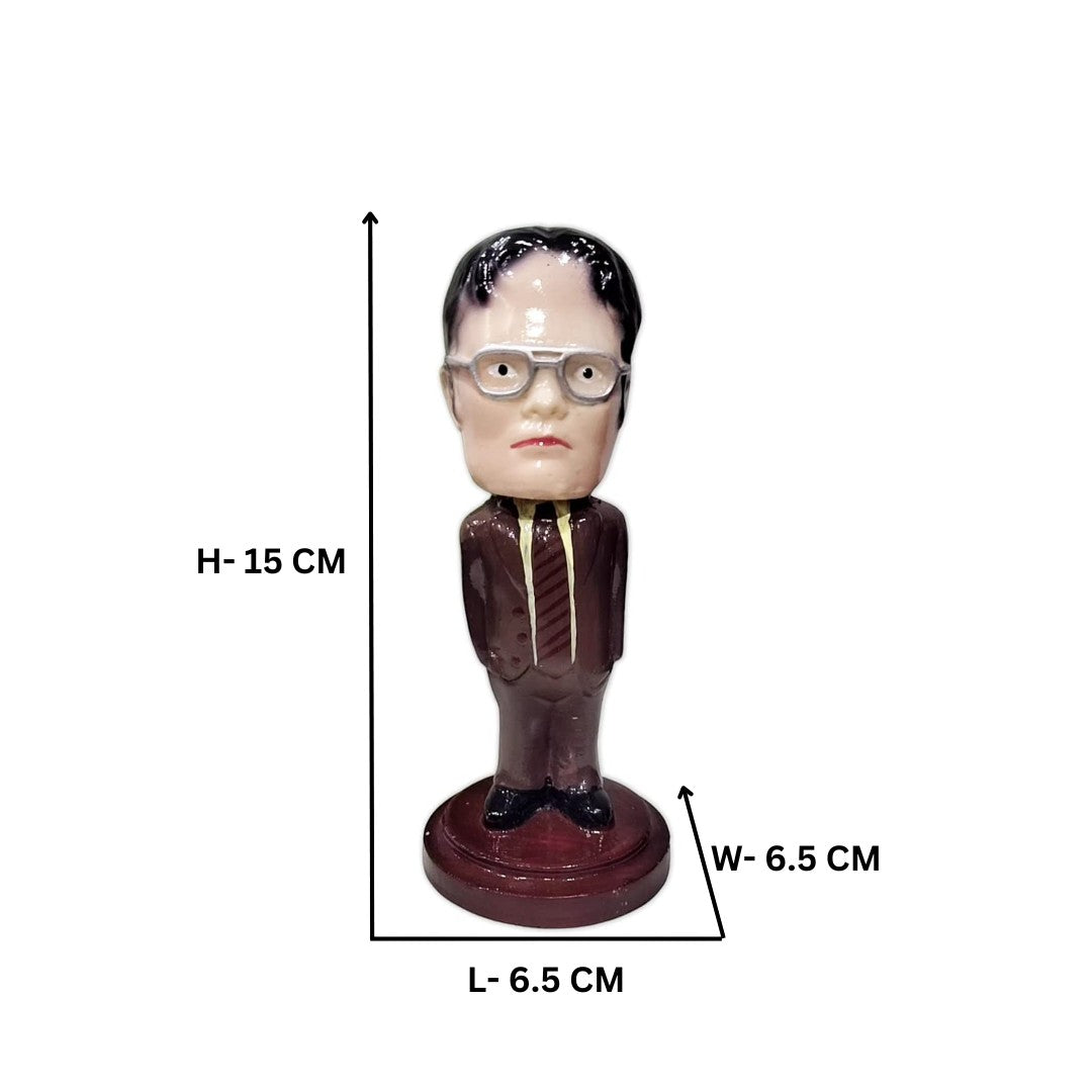 Aurance resin Dwight Schrute bobblehead figurine from The Office with detailed glasses and suit on a round base.