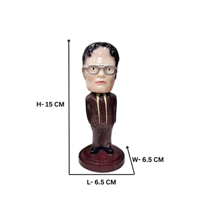 Aurance resin Dwight Schrute bobblehead figurine from The Office with detailed glasses and suit on a round base.