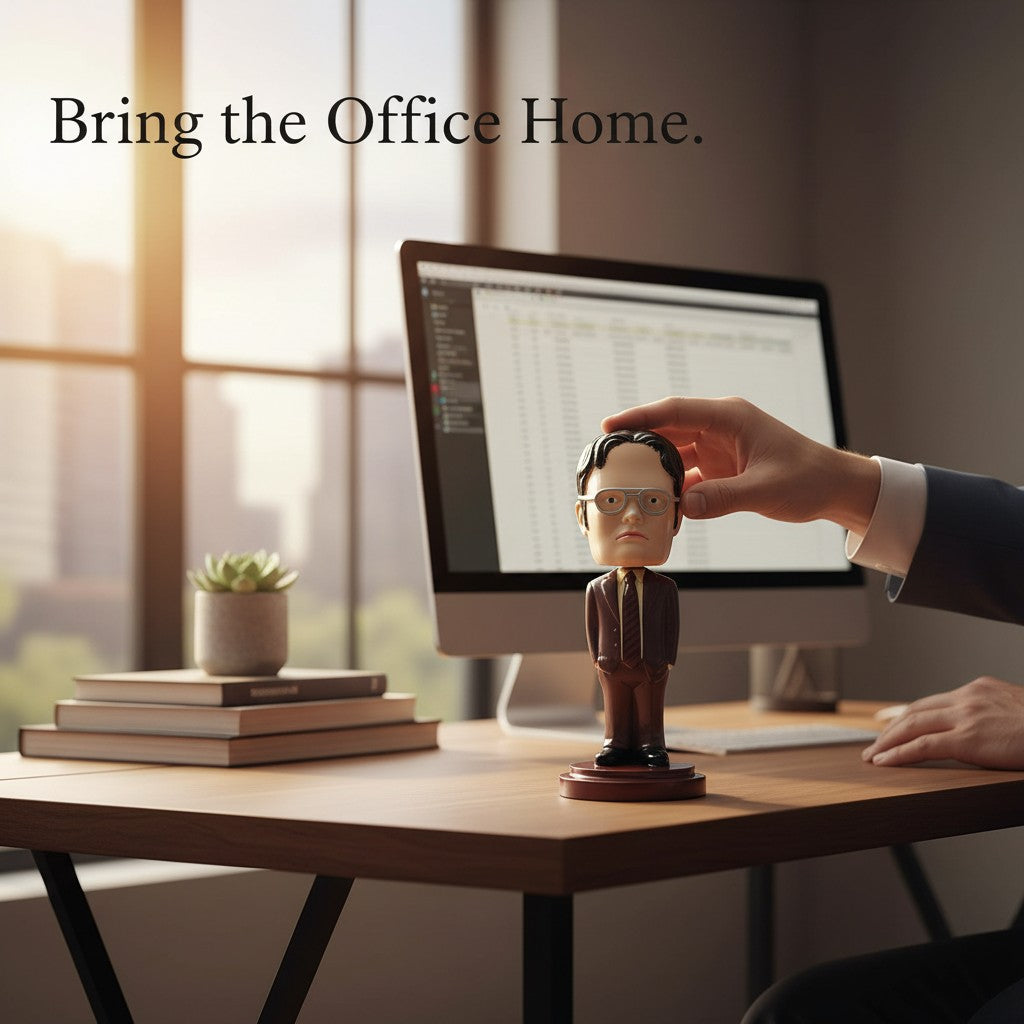 Aurance resin Dwight Schrute bobblehead figurine displayed on a wooden office desk with a computer in the background.